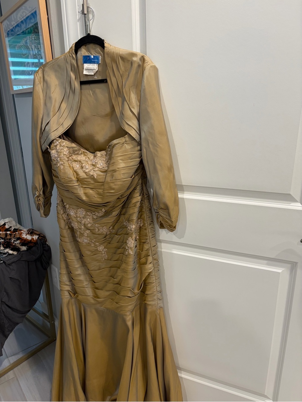 Jade Gold Strapless Ruched Mermaid Gown with Cropped Jacket
